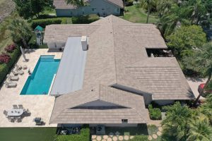 Aerial view of a beige tile roof on a Florida home