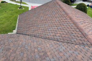 Aerial view of a brown composite shingle roof with scattered gray patches