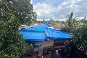 Backyard of a house with a blue tarp covering the roof, surrounded by lush plants; two people stand in the yard near patio furniture and shelves.